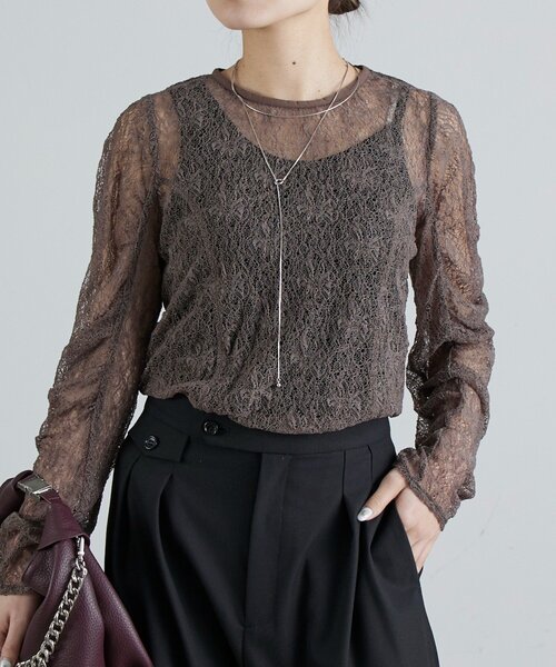 Lui's（ルイス）の「レース袖ギャザートップス（Tシャツ/カットソー・レディース・ブラック/オフホワイト/グレー・FREE）」の8枚目の写真