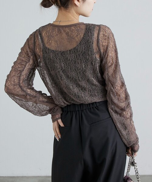 Lui's（ルイス）の「レース袖ギャザートップス（Tシャツ/カットソー・レディース・ブラック/オフホワイト/グレー・FREE）」の10枚目の写真