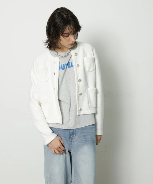 CADUNE（カデュネ）の「柄編みジャケットカーデ（ニット/セーター・レディース・ホワイト/ネイビー/ベージュ/ピンク・38）」の2枚目の写真