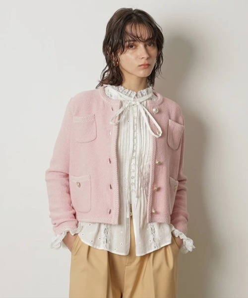 CADUNE（カデュネ）の「柄編みジャケットカーデ（ニット/セーター・レディース・ホワイト/ネイビー/ベージュ/ピンク・38）」の4枚目の写真