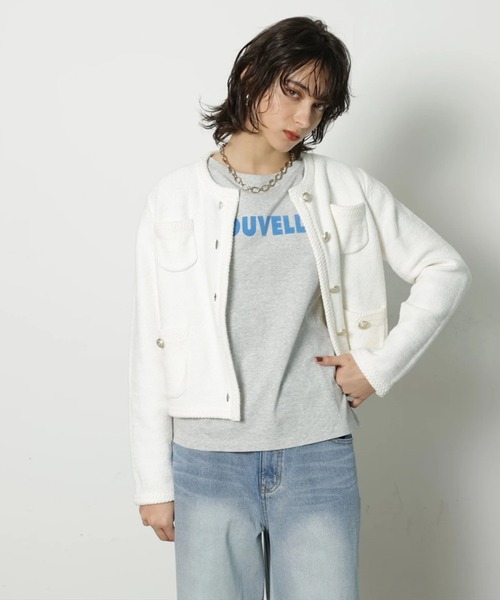 CADUNE（カデュネ）の「柄編みジャケットカーデ（ニット/セーター・レディース・ホワイト/ネイビー/ベージュ/ピンク・38）」の5枚目の写真