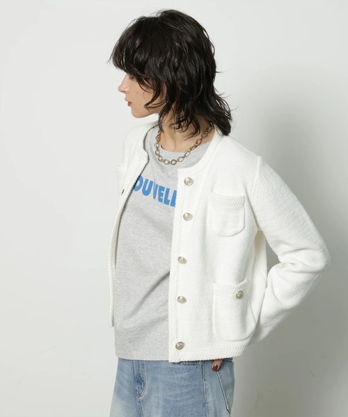 CADUNE（カデュネ）の「柄編みジャケットカーデ（ニット/セーター・レディース・ホワイト/ネイビー/ベージュ/ピンク・38）」の7枚目の写真