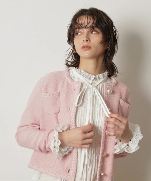 CADUNE（カデュネ）の「柄編みジャケットカーデ（ニット/セーター・レディース・ホワイト/ネイビー/ベージュ/ピンク・38）」の22枚目の写真