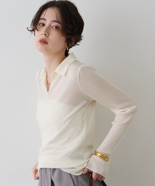 Rouge vif(ルージュヴィフ)の「防縮Wシアーポロリブニット/春服/手洗い可能(ニット/セーター・レディース・オフホワイト/ブラック/イエロー・フリー)」の1枚目の写真