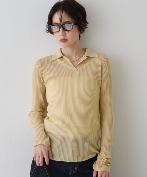 Rouge vif(ルージュヴィフ)の「防縮Wシアーポロリブニット/春服/手洗い可能(ニット/セーター・レディース・オフホワイト/ブラック/イエロー・フリー)」の3枚目の写真