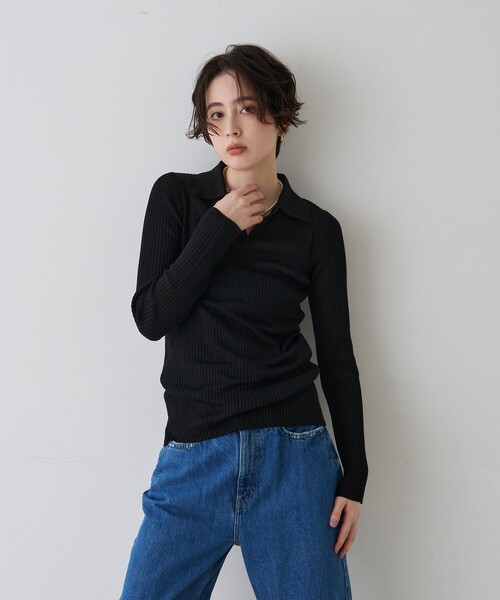Rouge vif(ルージュヴィフ)の「防縮Wシアーポロリブニット/春服/手洗い可能(ニット/セーター・レディース・オフホワイト/ブラック/イエロー・フリー)」の21枚目の写真
