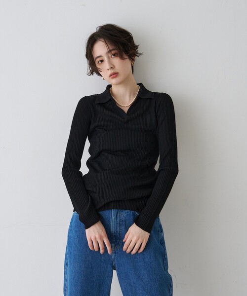 Rouge vif(ルージュヴィフ)の「防縮Wシアーポロリブニット/春服/手洗い可能(ニット/セーター・レディース・オフホワイト/ブラック/イエロー・フリー)」の22枚目の写真