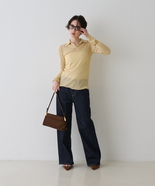 Rouge vif(ルージュヴィフ)の「防縮Wシアーポロリブニット/春服/手洗い可能(ニット/セーター・レディース・オフホワイト/ブラック/イエロー・フリー)」の7枚目の写真