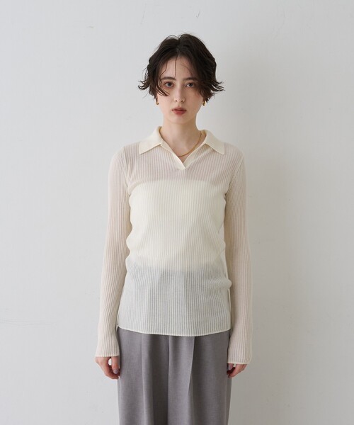 Rouge vif(ルージュヴィフ)の「防縮Wシアーポロリブニット/春服/手洗い可能(ニット/セーター・レディース・オフホワイト/ブラック/イエロー・フリー)」の11枚目の写真
