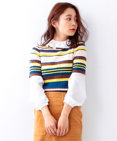 Ray BEAMS(レイビームス)の「◇【ラブリ着用】Ray BEAMS / リブ マルチボーダー ハイネックニット(ニット/セーター・レディース・レッド系その他/ブルー・ONE SIZE)」の13枚目の写真