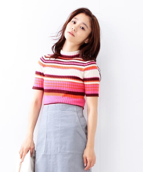 Ray BEAMS(レイビームス)の「◇【ラブリ着用】Ray BEAMS / リブ マルチボーダー ハイネックニット(ニット/セーター・レディース・レッド系その他/ブルー・ONE SIZE)」の9枚目の写真