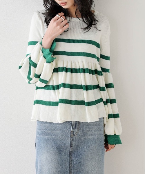 AMELY(エミリー)の「ボーダー×ティアード ペプラムトップス(ニット/セーター・レディース・ブラック/ブルー/グリーン/レッド・フリー)」の17枚目の写真