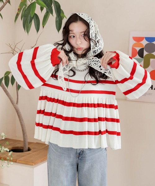 AMELY(エミリー)の「ボーダー×ティアード ペプラムトップス(ニット/セーター・レディース・ブラック/ブルー/グリーン/レッド・フリー)」の6枚目の写真