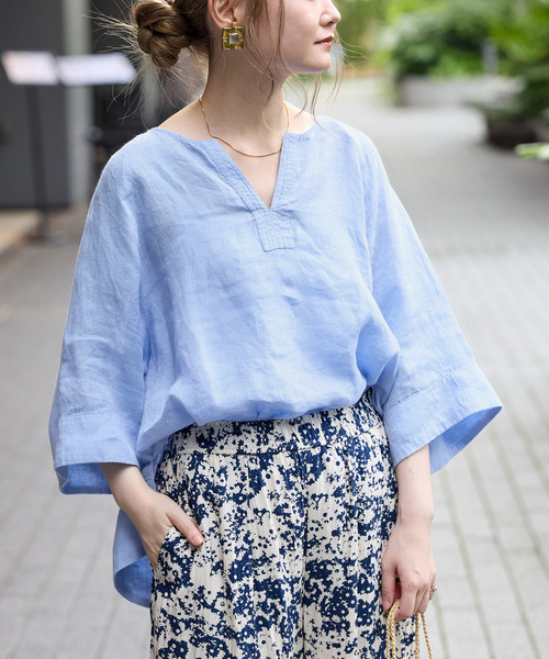 B.C STOCK(ベーセーストック)の「《追加》手洗い可 / フレンチリネンワイドスキッパーブラウス(シャツ/ブラウス・レディース・オレンジ/ホワイト/ブラック/ライトブルー・FREE)」の4枚目の写真