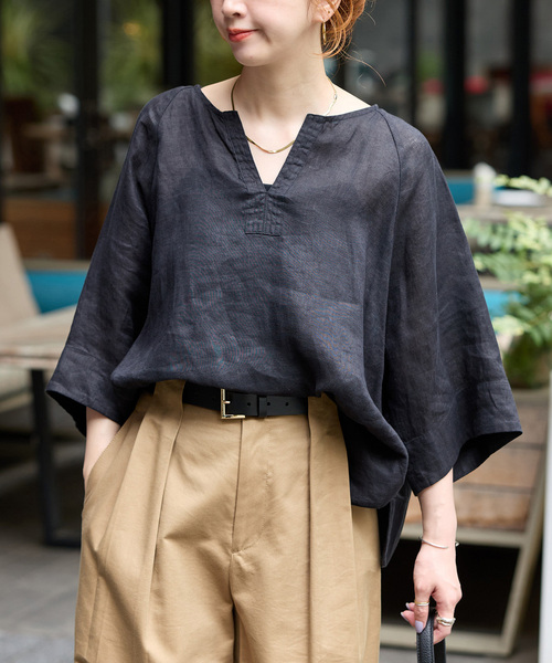 B.C STOCK(ベーセーストック)の「《追加》手洗い可 / フレンチリネンワイドスキッパーブラウス(シャツ/ブラウス・レディース・オレンジ/ホワイト/ブラック/ライトブルー・FREE)」の3枚目の写真