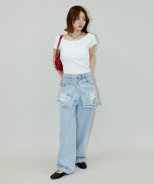 PUBLUX(パブリュクス)の「PUBLUX/パブリュクス 襟 レース 切替 ヘンリー リブ Tシャツ(Tシャツ/カットソー・レディース・チャコールグレー/オフホワイト/ブラウン/ブラック/ネイビー・フリ-)」の7枚目の写真