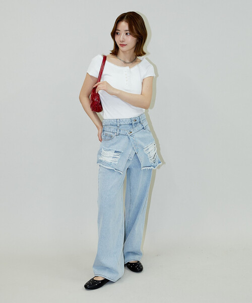 PUBLUX(パブリュクス)の「PUBLUX/パブリュクス 襟 レース 切替 ヘンリー リブ Tシャツ(Tシャツ/カットソー・レディース・チャコールグレー/オフホワイト/ブラウン/ブラック/ネイビー・フリ-)」の8枚目の写真