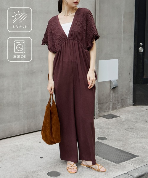 AIRY DAYシリーズ】シャーリング フリル カット楊柳 オールインワン 