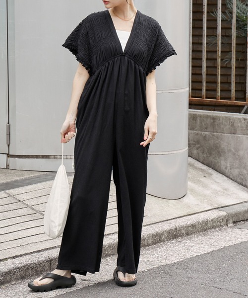 AIRY DAYシリーズ】シャーリング フリル カット楊柳 オールインワン