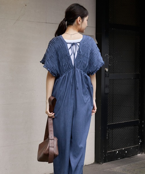AIRY DAYシリーズ】シャーリング フリル カット楊柳 オールインワン