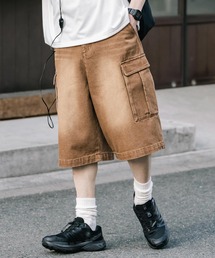 ケミカルウォッシュ オーバーダイ ワイドデニムカーゴハーフショートパンツ