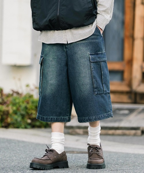 Rocky Monroe（ロッキーモンロー）の「ケミカルウォッシュ オーバーダイ ワイドデニムカーゴハーフショートパンツ（デニムパンツ・メンズ・パープル/インディゴブルー/ブラウン/ケミカルウォッシュ/ライトブラック/ブラック/ワンウォッシュ・XL/L/M）」の21枚目の写真