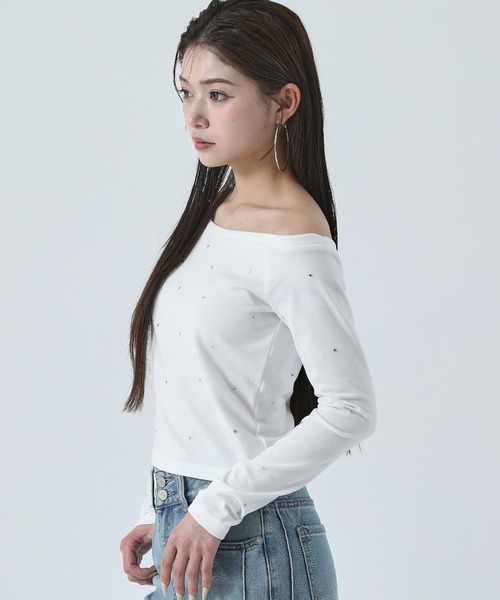 ANAP(アナップ)の「ラインストーン ワンショル トップス ロングTシャツ(Tシャツ/カットソー・レディース・ブラック/ホワイト/ピンク・F)」の14枚目の写真