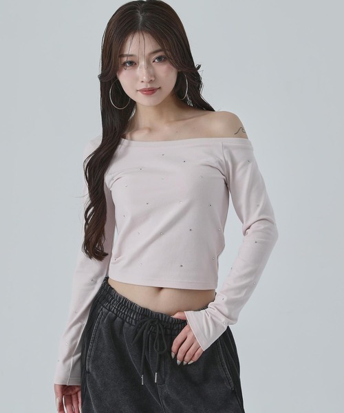 ANAP(アナップ)の「ラインストーン ワンショル トップス ロングTシャツ(Tシャツ/カットソー・レディース・ブラック/ホワイト/ピンク・F)」の19枚目の写真