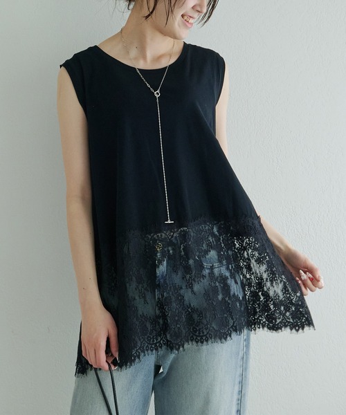 セール】レースヘムノースリーブカットソー（Tシャツ/カットソー