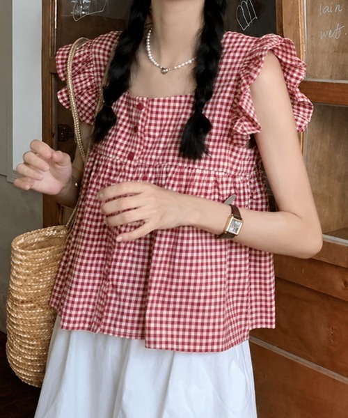 mielu(ミエル)の「《大人フェミニン/デート服にもおすすめ♪》ギンガム切替フリルスリーブトップス(シャツ/ブラウス・レディース・レッド/ブラック・MEDIUM/LARGE)」の1枚目の写真