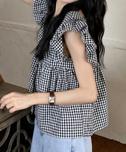 mielu(ミエル)の「《大人フェミニン/デート服にもおすすめ♪》ギンガム切替フリルスリーブトップス(シャツ/ブラウス・レディース・レッド/ブラック・MEDIUM/LARGE)」の9枚目の写真