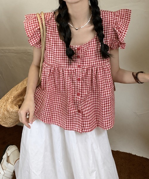 mielu(ミエル)の「《大人フェミニン/デート服にもおすすめ♪》ギンガム切替フリルスリーブトップス(シャツ/ブラウス・レディース・レッド/ブラック・MEDIUM/LARGE)」の6枚目の写真