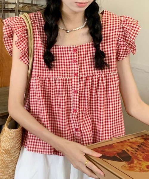 mielu(ミエル)の「《大人フェミニン/デート服にもおすすめ♪》ギンガム切替フリルスリーブトップス(シャツ/ブラウス・レディース・レッド/ブラック・MEDIUM/LARGE)」の8枚目の写真