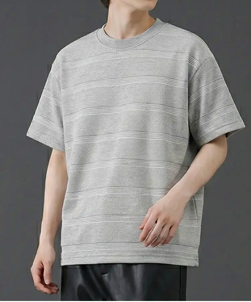 revertical(リバーティカル)の「ボーダージャガード サマーニットTシャツ/クルーネック 半袖トップス(Tシャツ/カットソー・メンズ・グレー/ホワイト/ブラック・MEDIUM/LARGE)」の3枚目の写真