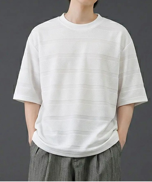 revertical(リバーティカル)の「ボーダージャガード サマーニットTシャツ/クルーネック 半袖トップス(Tシャツ/カットソー・メンズ・グレー/ホワイト/ブラック・MEDIUM/LARGE)」の1枚目の写真