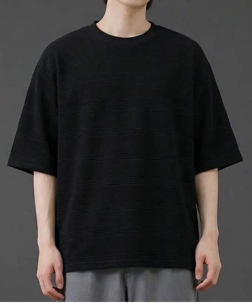 revertical(リバーティカル)の「ボーダージャガード サマーニットTシャツ/クルーネック 半袖トップス(Tシャツ/カットソー・メンズ・グレー/ホワイト/ブラック・MEDIUM/LARGE)」の2枚目の写真