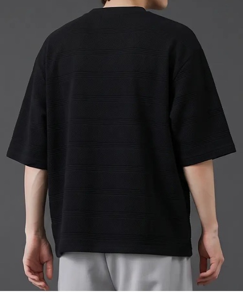 revertical(リバーティカル)の「ボーダージャガード サマーニットTシャツ/クルーネック 半袖トップス(Tシャツ/カットソー・メンズ・グレー/ホワイト/ブラック・MEDIUM/LARGE)」の9枚目の写真