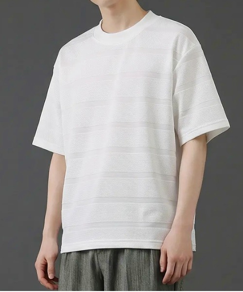 revertical(リバーティカル)の「ボーダージャガード サマーニットTシャツ/クルーネック 半袖トップス(Tシャツ/カットソー・メンズ・グレー/ホワイト/ブラック・MEDIUM/LARGE)」の5枚目の写真