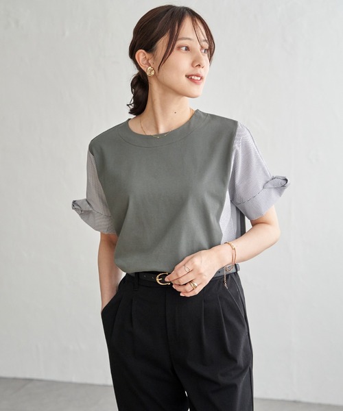 ikka（イッカ）の「【接触冷感】異素材切り替えプルオーバー（Tシャツ/カットソー・レディース・ブラウン系その他/グリーン/ネイビー/オフホワイト・L/M/S）」の6枚目の写真