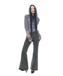 HALF DEVIL US（ハーフデビルアス）の「メタルパールベルト付きブーツカットパンツ_カーキ（その他パンツ）」