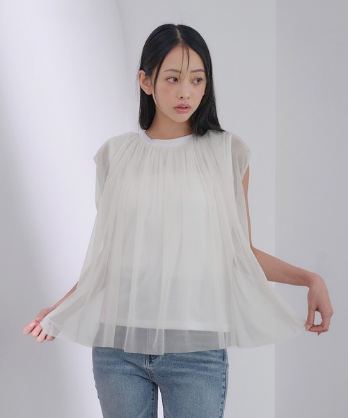 SOELA（ソエラ）の「【INGNI　SOELA】オーガンジーレイヤードトップス／WEB限定（Tシャツ/カットソー・レディース・ブラック/オフホワイト・FREE）」の2枚目の写真