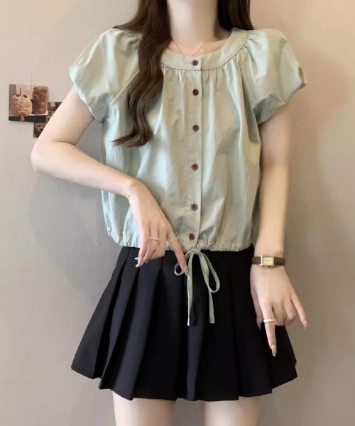 Ritzy(リッツィー)の「パフスリーブ半袖・ドロストブラウス(シャツ/ブラウス・レディース・ベージュ/グリーン・LARGE/MEDIUM)」の2枚目の写真