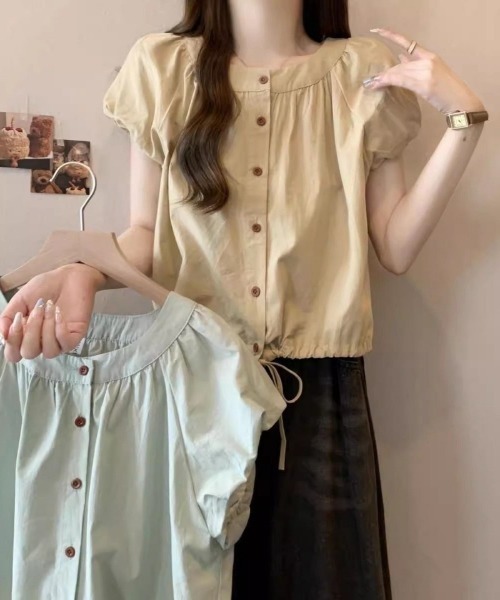 Ritzy(リッツィー)の「パフスリーブ半袖・ドロストブラウス(シャツ/ブラウス・レディース・ベージュ/グリーン・LARGE/MEDIUM)」の5枚目の写真