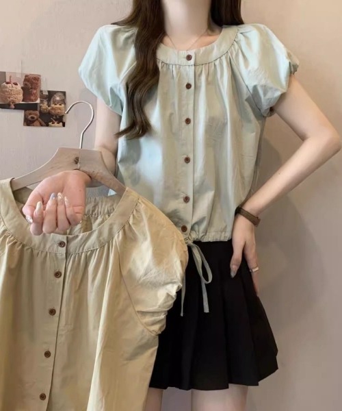 Ritzy(リッツィー)の「パフスリーブ半袖・ドロストブラウス(シャツ/ブラウス・レディース・ベージュ/グリーン・LARGE/MEDIUM)」の6枚目の写真