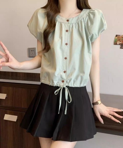Ritzy(リッツィー)の「パフスリーブ半袖・ドロストブラウス(シャツ/ブラウス・レディース・ベージュ/グリーン・LARGE/MEDIUM)」の3枚目の写真