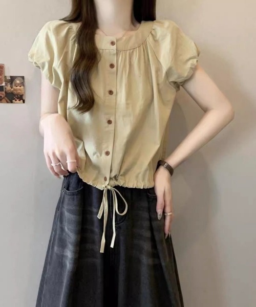 Ritzy(リッツィー)の「パフスリーブ半袖・ドロストブラウス(シャツ/ブラウス・レディース・ベージュ/グリーン・LARGE/MEDIUM)」の4枚目の写真