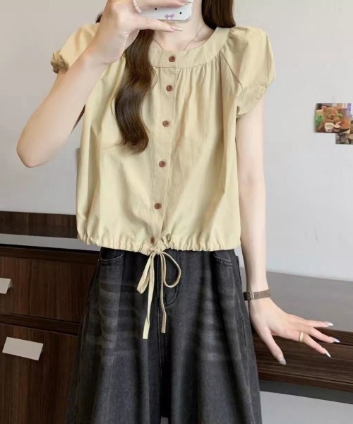 Ritzy(リッツィー)の「パフスリーブ半袖・ドロストブラウス(シャツ/ブラウス・レディース・ベージュ/グリーン・LARGE/MEDIUM)」の7枚目の写真