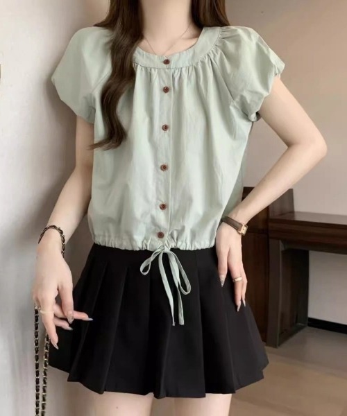 Ritzy(リッツィー)の「パフスリーブ半袖・ドロストブラウス(シャツ/ブラウス・レディース・ベージュ/グリーン・LARGE/MEDIUM)」の8枚目の写真