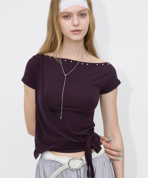 Rohwel(ローウェル)の「Stud Cache-Coeur Tops / スタッズカシュクールトップス(Tシャツ/カットソー・レディース・ホワイト/パープル/ブラック/グレー・FREE)」の4枚目の写真