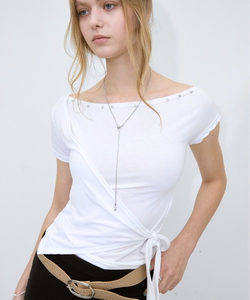 Rohwel(ローウェル)の「Stud Cache-Coeur Tops / スタッズカシュクールトップス(Tシャツ/カットソー・レディース・ホワイト/パープル/ブラック/グレー・FREE)」の18枚目の写真